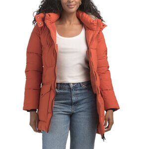 SAVE THE DUCK Orange Farrah Puffer Coat With Faux Fur Lined Hood